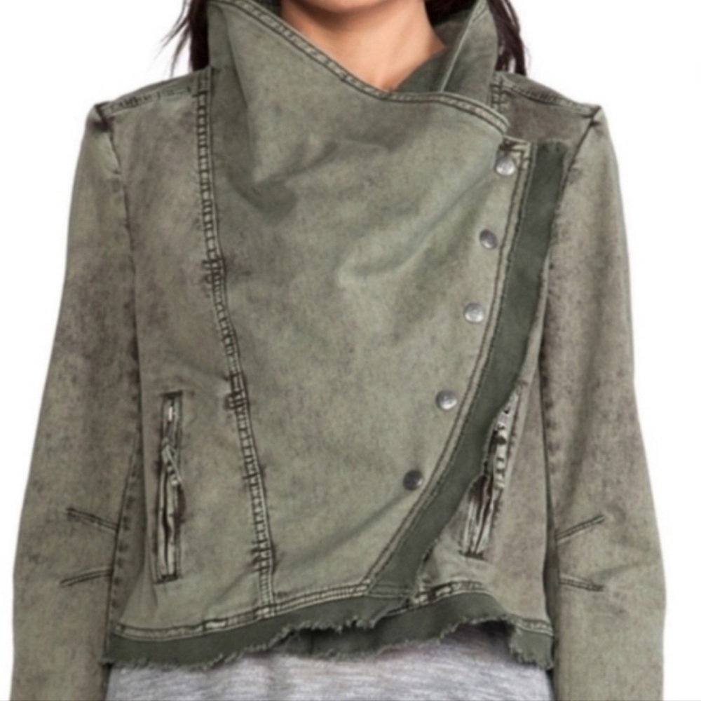 ❤️ Free People Army Green Stretch Twill Moto Collapsing Front Jacket - Picture 2 of 11